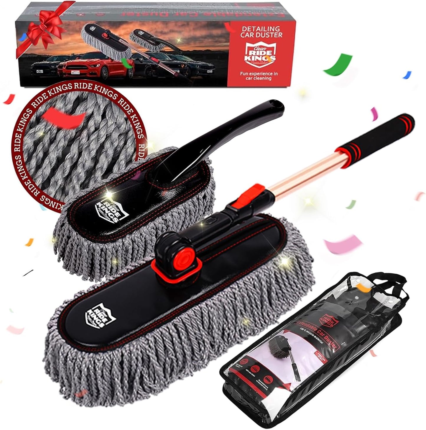 Car Duster Exterior with Extendable Handle, Scratch Free Auto Wash Brush Mop, Interior Detailing Kit for Truck RV Boat - Wax Cotton Duster & Interior Brush, Red