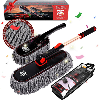 Car Duster Exterior with Extendable Handle, Scratch Free Auto Wash Brush Mop, Interior Detailing Kit for Truck RV Boat - Wax Cotton Duster & Interior Brush, Red