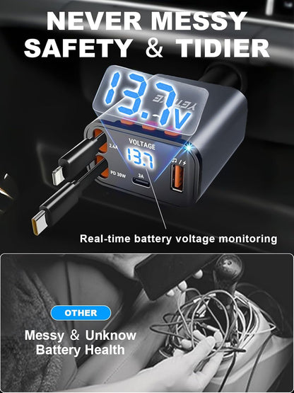 Bluetooth Car Adapter with Retractable Charger, FM Transmitter Bluetooth 5.4 for Cars, 4 in 1 Fast Car Phone Charger 69W, Handsfree Call, 2*Retractable Cable for iPhone 17/16/15/14, Galaxy-Black