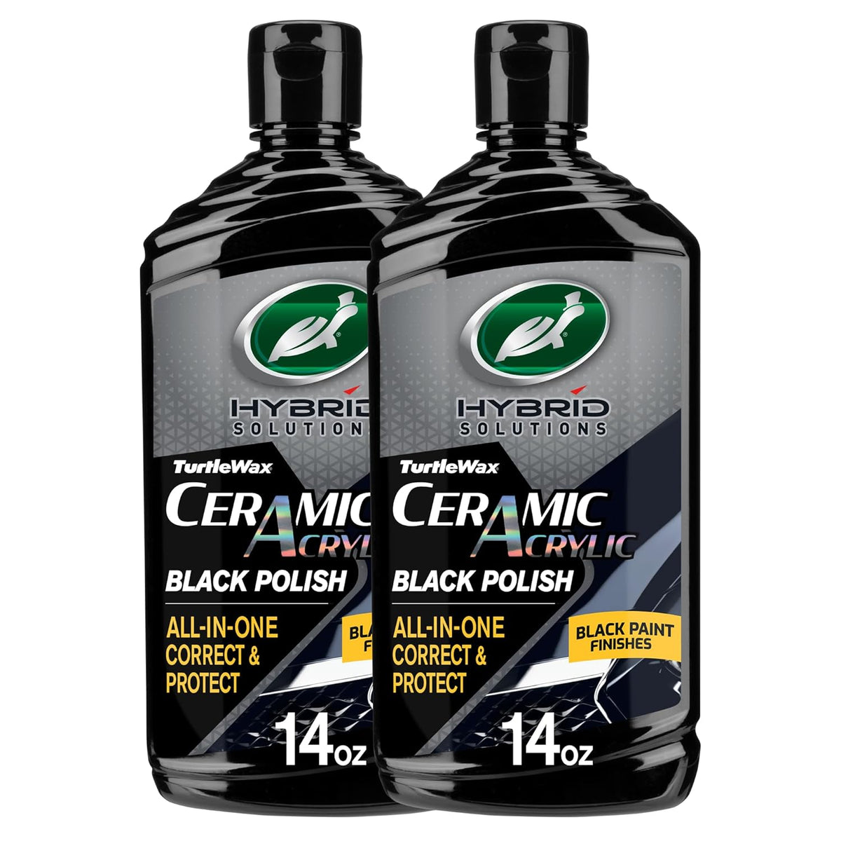 Turtle Wax Hybrid Solutions Ceramic Acrylic Black Car Polish and Wax, Car Scratch Remover & Car Paint Restorer for Black Cars, Deep Shine, Ceramic Coating Protection & Water Beading, 14 oz (Pack of 1)