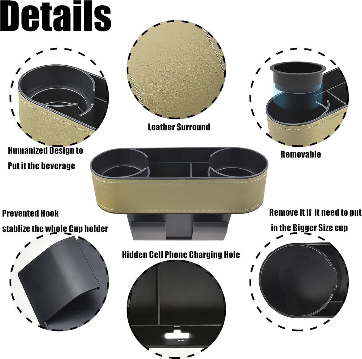 IOKONE Car Cup Holder, Auto Cup Drink Holders，Multifunctional Auto Front Seat Organizer with PU Leather Cover, Gap Filler Storage Box Coin Bucket Console Side Pocket Cell Mobile Phone Holder (Black)