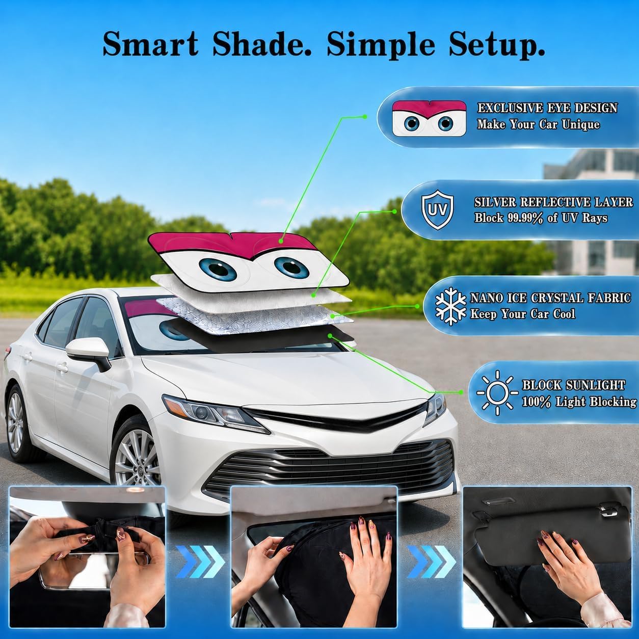 Car Windshield Sun Shade, Funny Cartoon Eyes Sun Visor for Car Windshield Universal Fits Sedan Compact Car Hatchback SUV, UV Heat Protection - 59 x 27.5