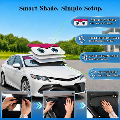 Car Windshield Sun Shade, Funny Cartoon Eyes Sun Visor for Car Windshield Universal Fits Sedan Compact Car Hatchback SUV, UV Heat Protection - 59 x 27.5