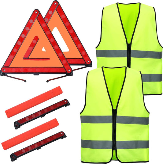 MYFULLY 2 Pack Emergency Warning Triangle and Reflective Safety Vest Set – Foldable Reflective Roadside Triangles, Essential Car Emergency Kit for Vehicle Breakdowns and Road Safety