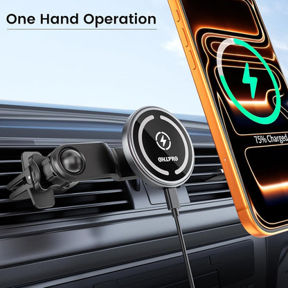 OHLPRO for MagSafe Car Mount Charger iPhone Wireless Car Charger, Stick on Dashboard Magnetic Phone Holder Mount for iPhone 17 Pro Max 16 15 14 Series, 15W Fast Charging, Aluminum Shell