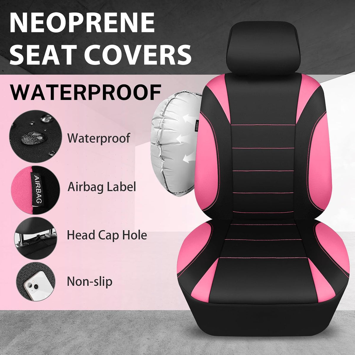 CAR PASS Waterproof Car Seat Covers Front Seats Only with 5mm Composite EVA, Neoprene Car Seat Cover with Separate Headrest Cover, Quick Setup Universal Fit for Car SUV Trucks,Airbag Compatible（Gray