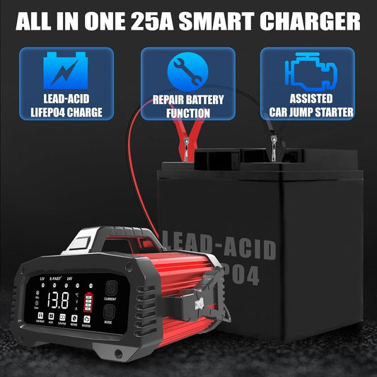 E-FAST 25A Smart Car Battery Charger, 12V/24V Automatic Automotive Battery Maintainer & Desulfator with 200s Booster Mode - Adjustable Amp Trickle Charger for Lead-Acid, AGM, Gel, LiFePO4