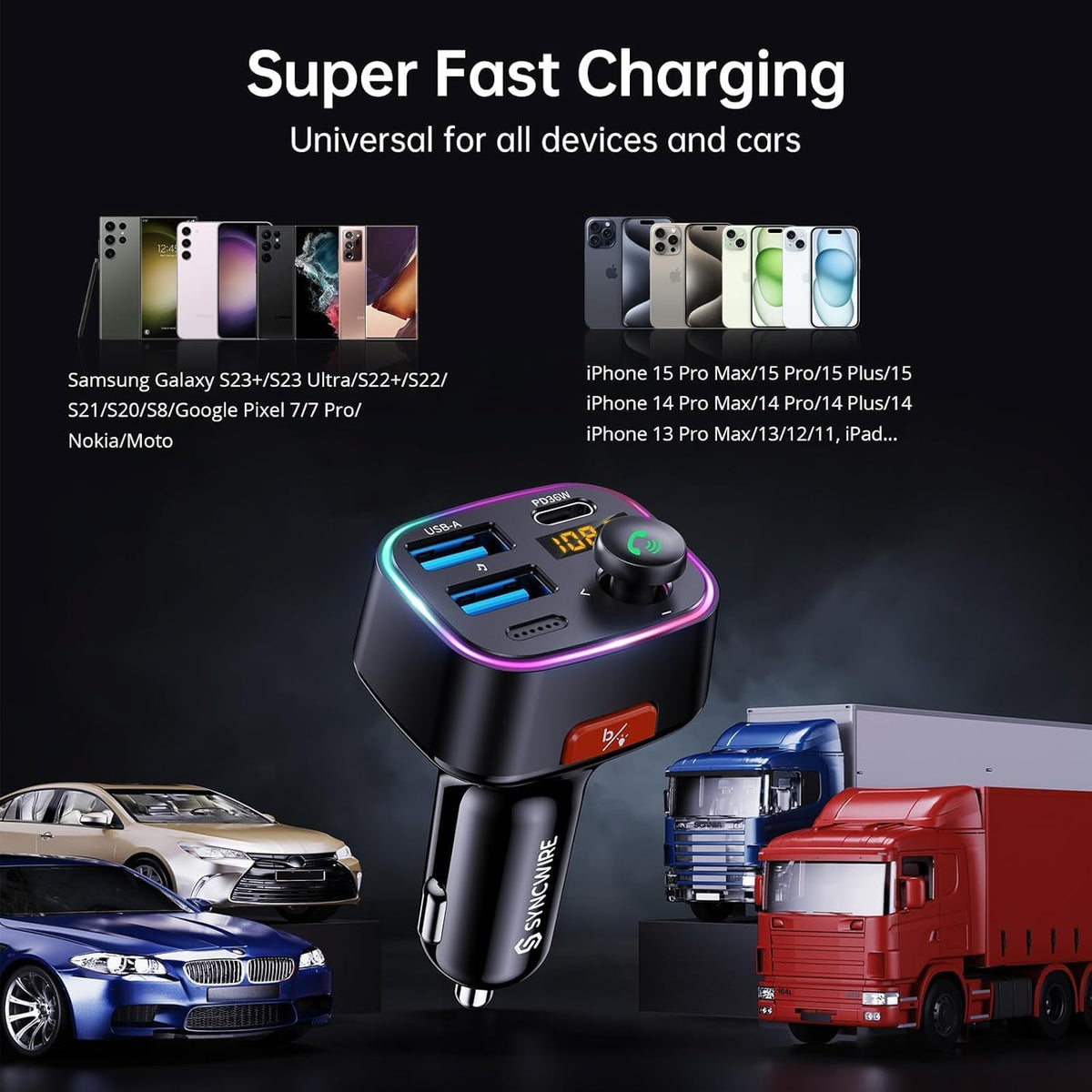 Syncwire Bluetooth 5.4 FM Transmitter Car Adapter 48W (PD 36W & 12W) [Light Switch] [HiFi Bass Sound] [Fast Charging] Wireless Radio Music Adapter LED Display Hands-Free Calling Support USB Drive