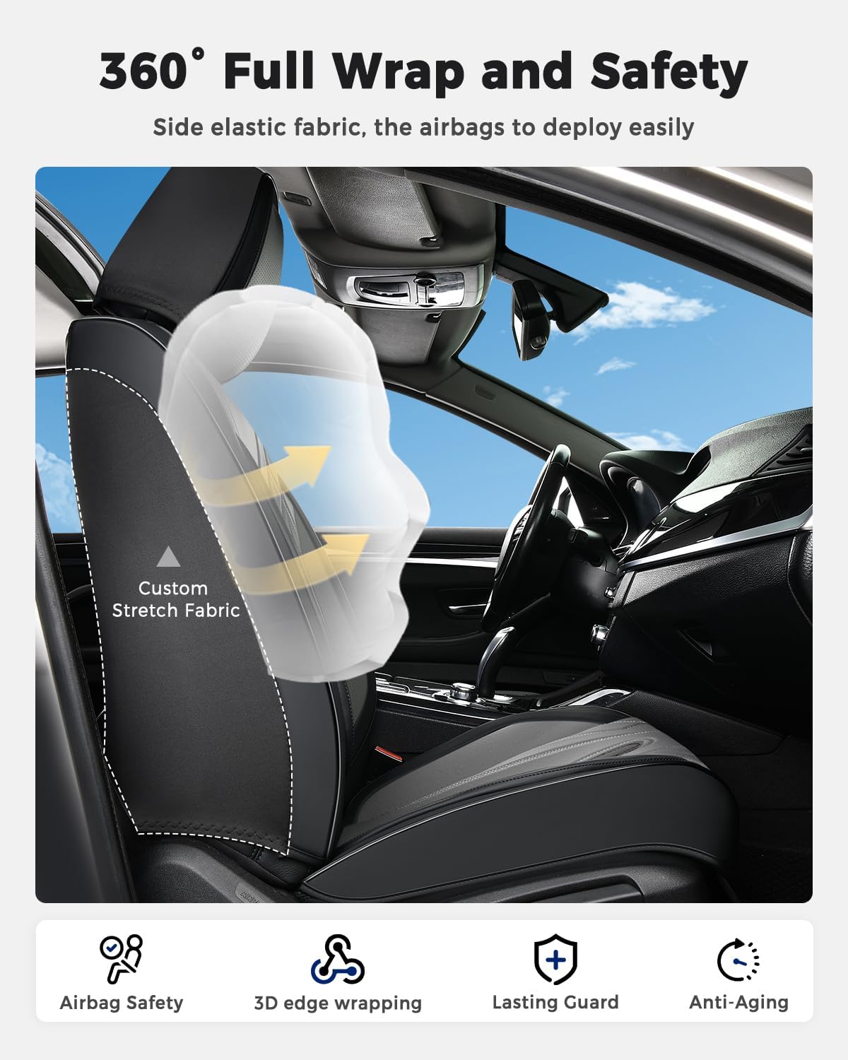 Huidasource Coffee Seat Covers Full Set, Universal Fit for Most Cars Trucks SUV, Full Coverage Leather Seat Cover, Airbag, Cupholder Compatible, Velcro Adjustable, Heaating/Cooling Function Retain