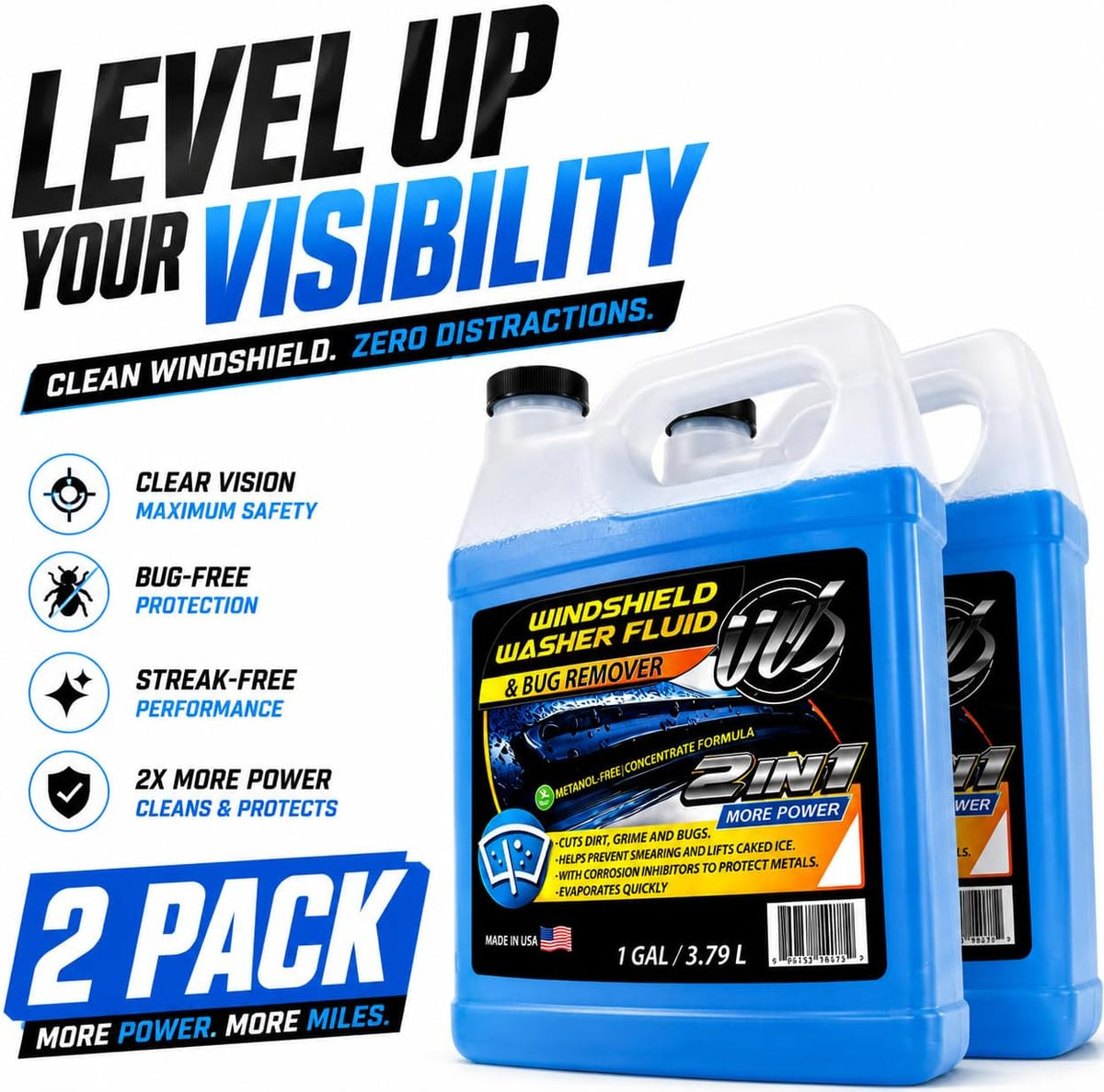 UCS 2-in-1 Windshield Washer Fluid 2-Pack (1 Gallon Each, 256 fl oz Total) – Ready to Use, Streak-Free Formula, All-Weather Cleaning, Removes Bugs, Dirt & Road Grime – Premium Windshield Cleaner