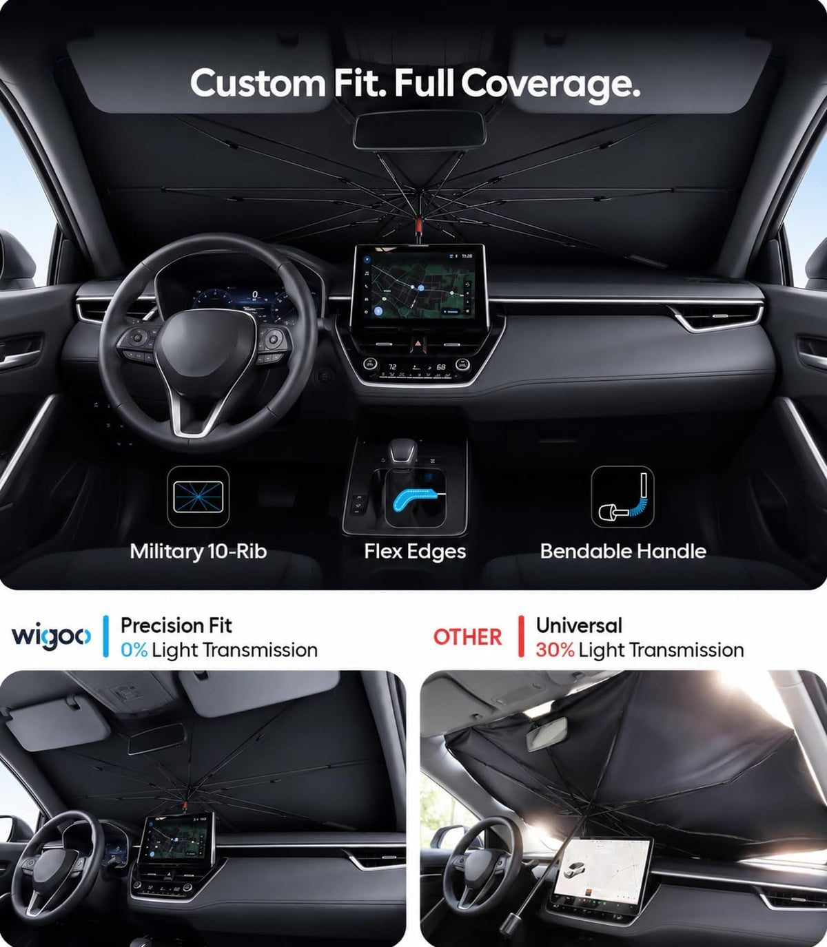 Wigoo Windshield Sun Shade Umbrella for Tesla Model Y [100% Sun Blockage, Ice Cooling Fabric] Foldable Heat Insulation Front Window Sunshade Umbrella for Tesla Model Y 2020–2026 (Juniper)