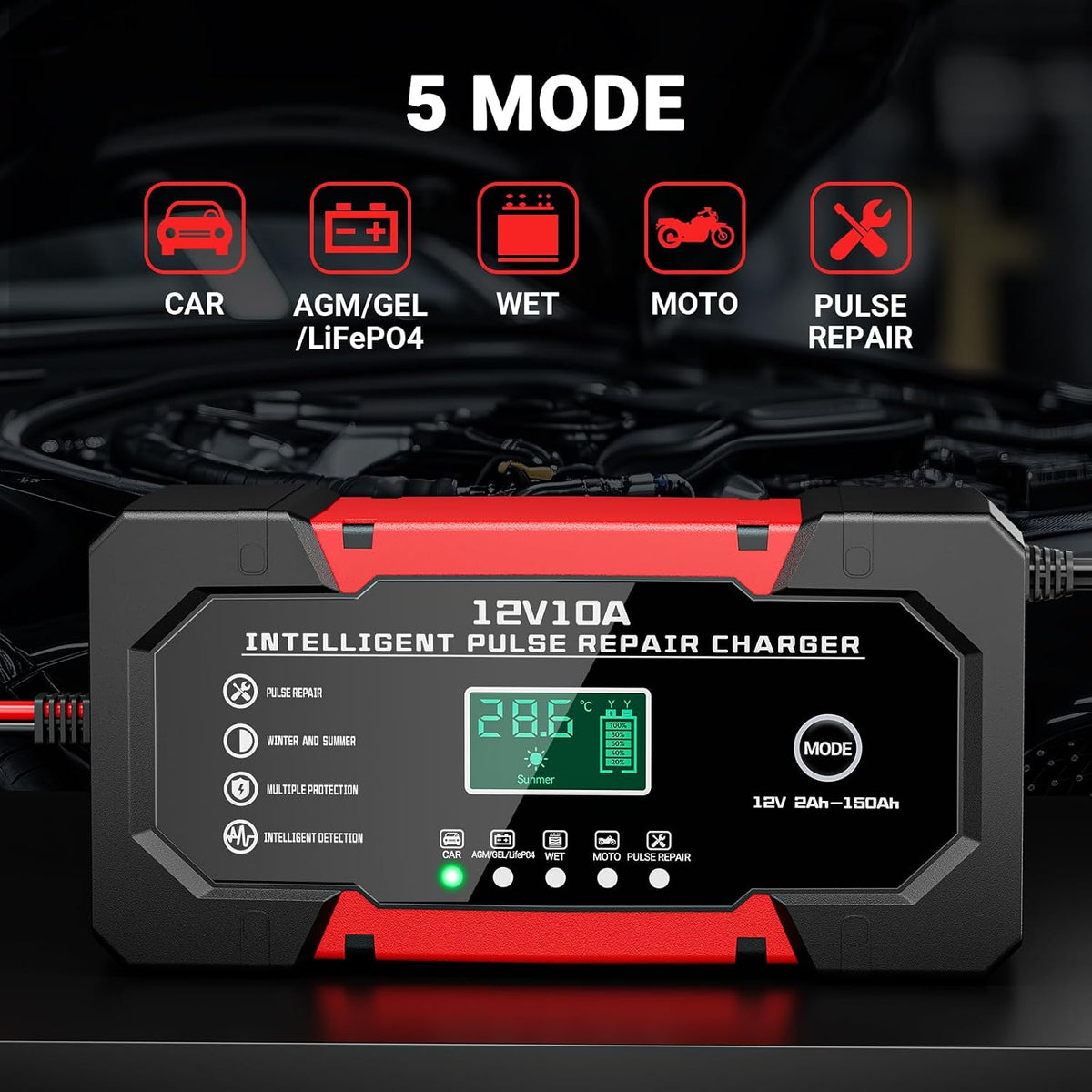 Battery Charger 15A 12V Fully Automatic Smart Trickle Car Battery Charger Maintainer with LCD Display & Temperature Compensation for Car Truck Motorcycle Lawn Mower Boat