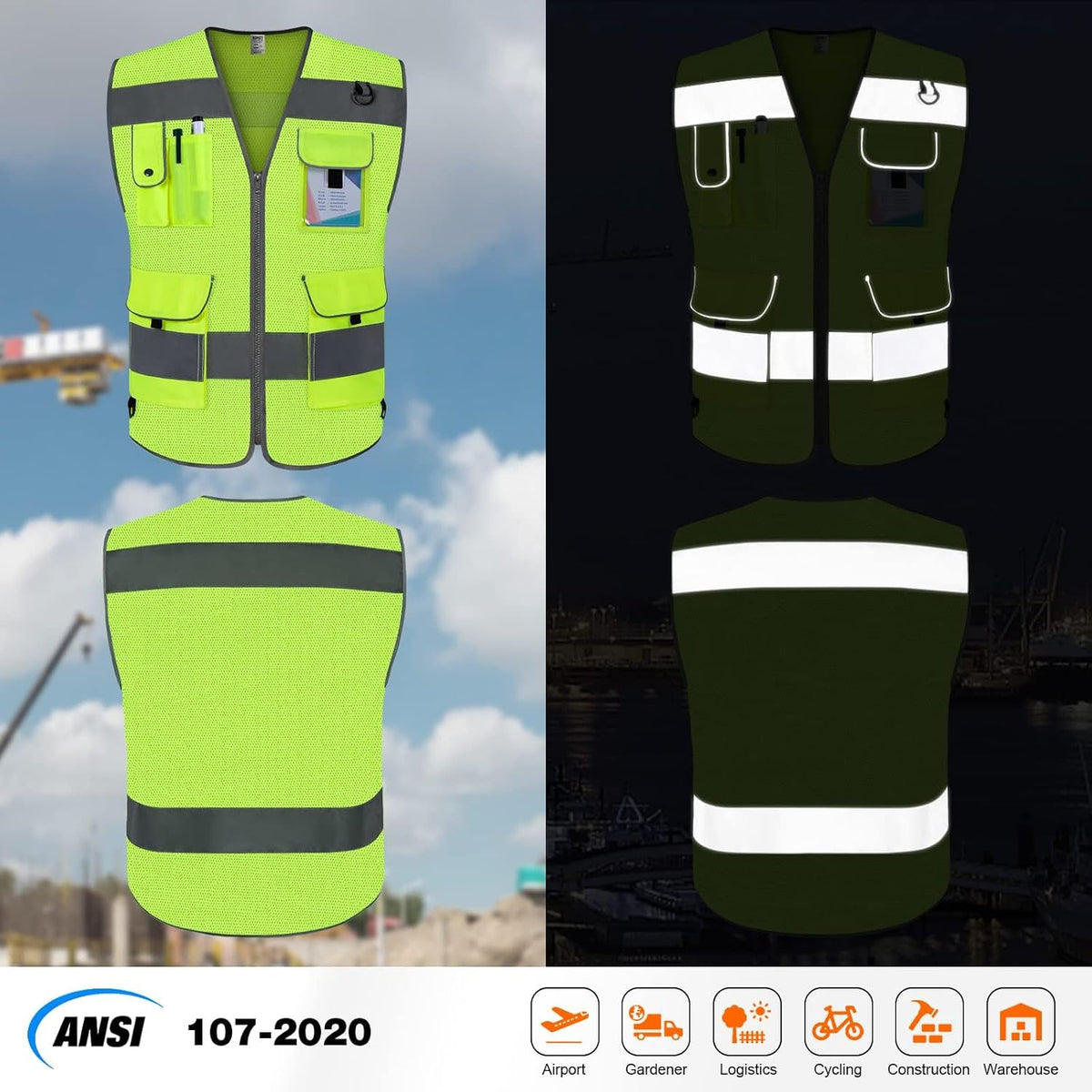 TCCFCCT Safety Vest for Men Women 9 Pockets High Visibility Vest for Safety, Reflective Work Vest with Reflective Strips, Meets ANSI/ISEA Standards, (Yellow, Large)