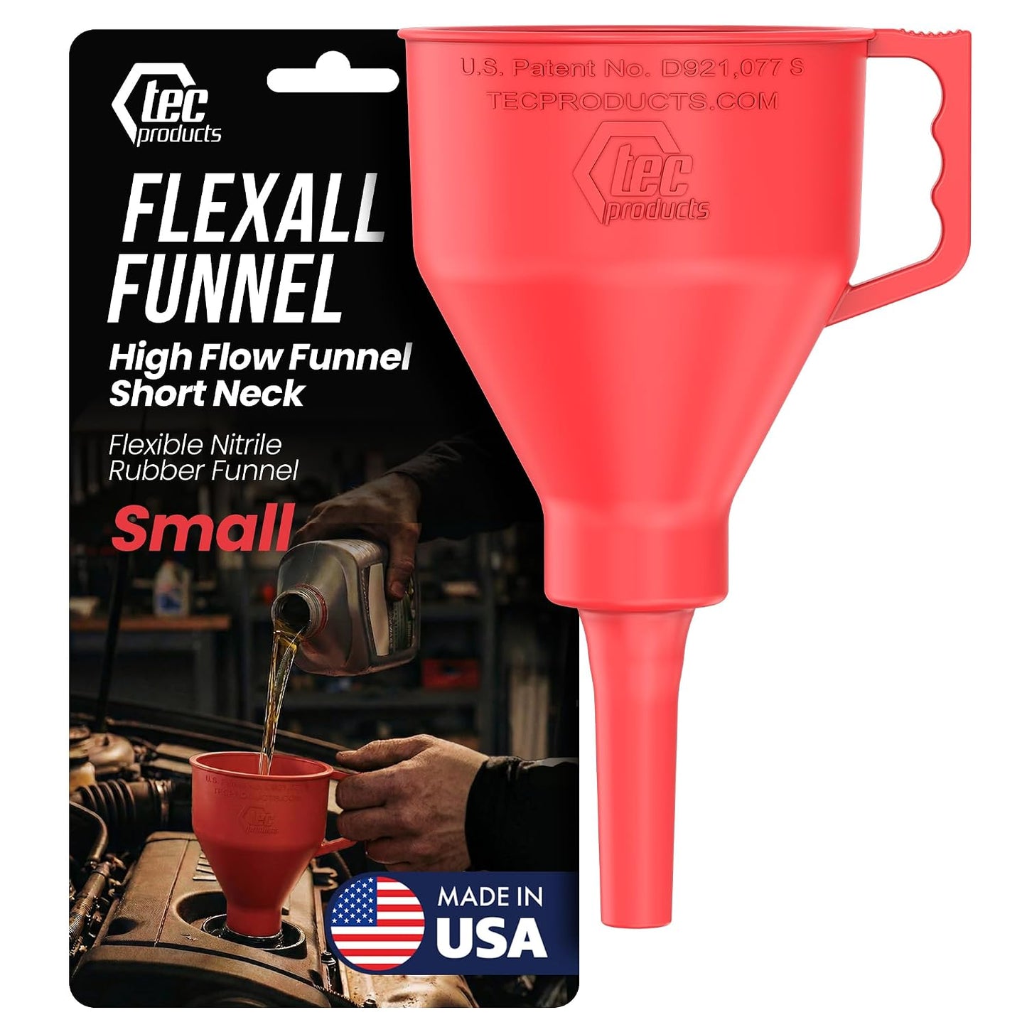 TEC Products FlexAll Short Neck Funnel - Flexible Funnel w/Hose, Durable Nitrile Rubber Automotive Funnels - Oil Change Tool for Transmission Fluid, Diesel, Gas - USA Made - Large (11 x 5.73 Inches)