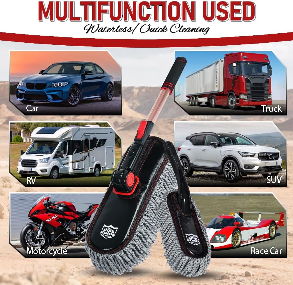 Car Duster Exterior Scratch Free with Extendable Handle, Microfiber Car Cleaning Brush for Dust Removal + Small Detailing Brush for Interior Care