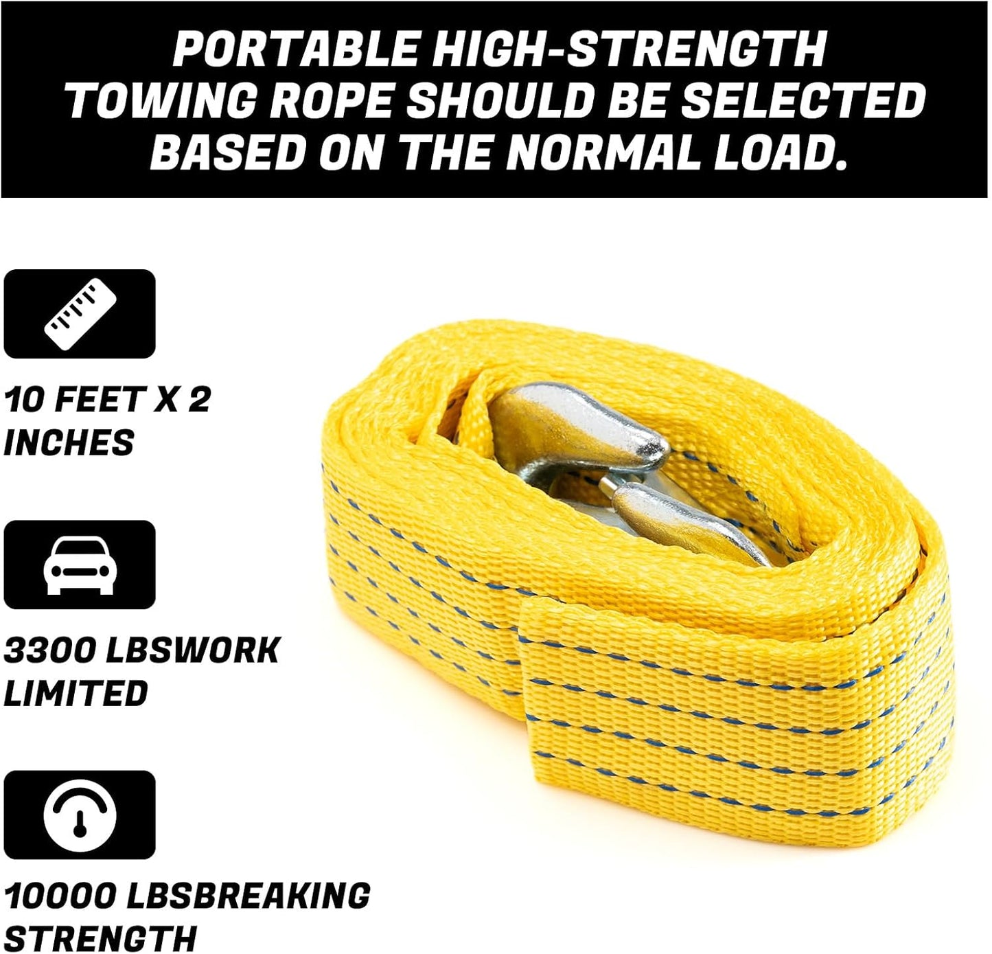 Tow Strap 118 Inch Heavy Duty 10,000 LB Capacity, Boat Winch Strap with Reinforced Loops, Recovery Tow Rope for Vehicle Off-Road & Marine Use, Boat Winch Strap with Hook Alternative