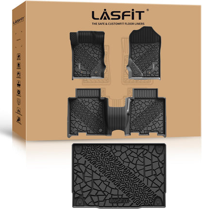 LASFIT Floor Mats for Ford F-150 2021-2026 | F150 Lightning 2022-2025 SuperCrew (Rear w/Fold Flat Storage) Carpet Floor All Weather Car Liners TPE Truck Mats - 1st and 2nd Row, 3pcs Black
