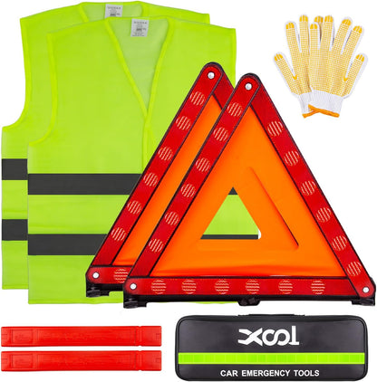 XOOL Emergency Warning Triangle Kit – Roadside Safety Kit with Reflective Warning Triangles, High-Visibility Safety Vests, Storage Bag & Gloves for Car Breakdowns & Emergencies