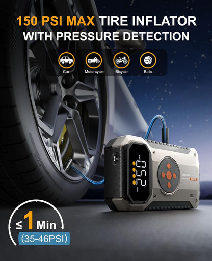 Car Battery Charger Jump Starter with Air Compressor, 4500A Jump Box for Car Battery Portable Jumper Cables with Battery Pack, 12V Jumpstart Combo 150PSI Tire Inflator Air Pump (8.5L Gas/7.0L Diesel)