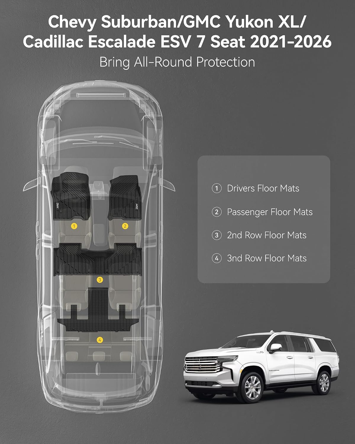 3W Floor Mats & Cargo Liner Fit for 2021 2022 2023 2024 2025 2026 Chevy Tahoe/GMC Yukon/Cadillac Escalade 7 Seat, TPE All Weather Custom Fit Car Accessories Heavy Duty Rubber Full Set Trunk Mats - Colors A