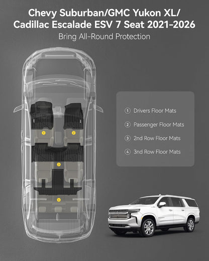 3W Floor Mats & Cargo Liner Fit for 2021 2022 2023 2024 2025 2026 Chevy Tahoe/GMC Yukon/Cadillac Escalade 7 Seat, TPE All Weather Custom Fit Car Accessories Heavy Duty Rubber Full Set Trunk Mats - Colors A