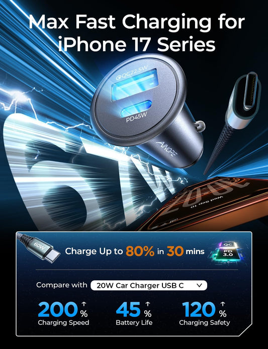 AINOPE 67.5W Car Charger USB C Fast Charge, PD 45W USB C Car Charger Fast Charging【Mini & Metal】 Cigarette Lighter Adapter USB-C Type C Car Charger for iPhone 17 16 15 Pro Max, for Samsung S26 S25
