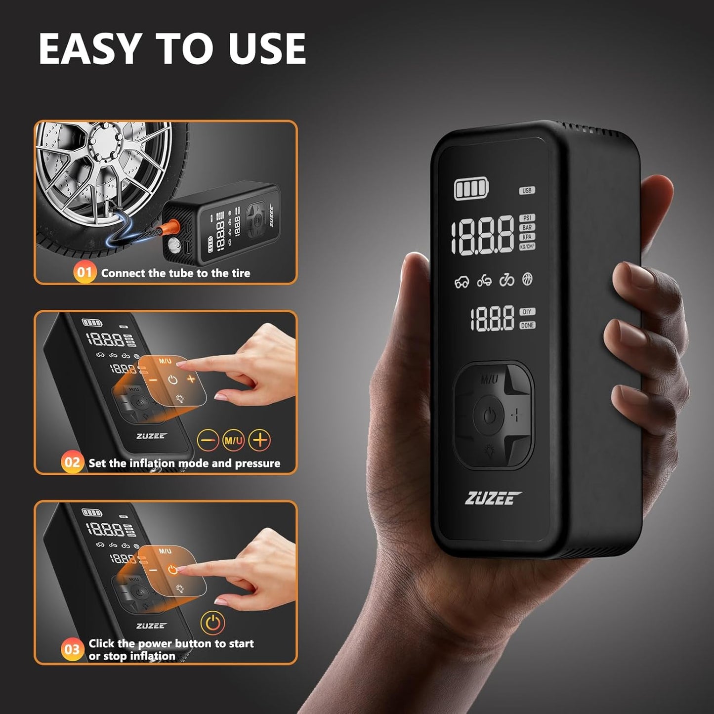 ZUZEE Tire Inflator Portable Air Compressor - 4X Faster Inflation, 150PSI Air Pump for Car Tires with Digital Pressure Gauge/LED Light, Portable Tire Inflator for Car, Moto, Bike, Ball, etc