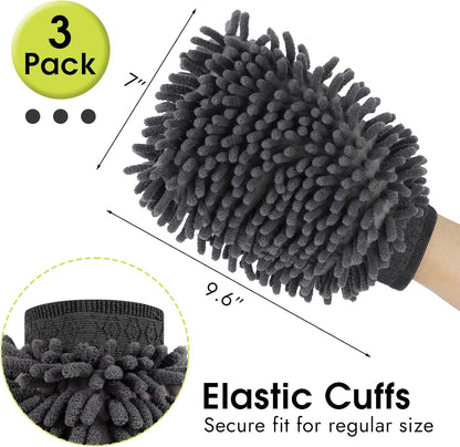 3 Pack Chenille Microfiber Car Wash Mitt, 7" x 9.6" Car Washing Mitts, Home Dusting Gloves, Scratch Free Lint-Free, Highly Absorbent, Double Sided, for Cleaning Detailing Polish (Green)