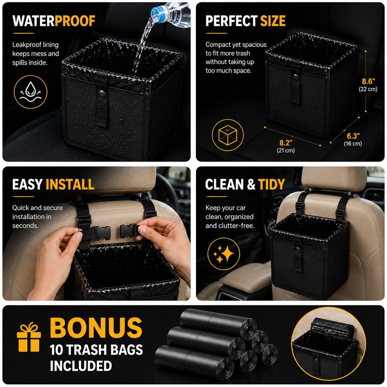 Car Trash Can for Car – Waterproof Hanging Car Garbage Bin – Bonus 20 Trash Bags Included