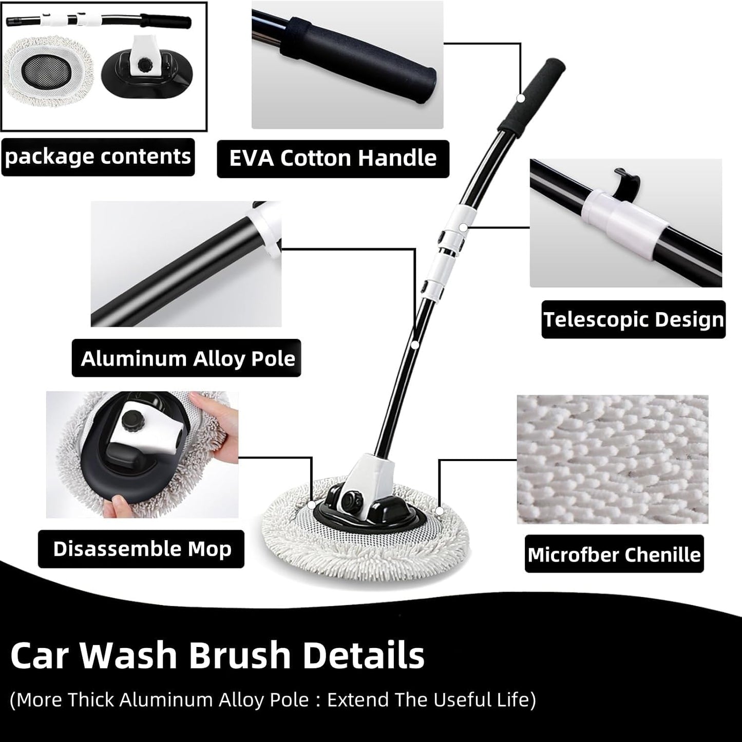 WillingHeart 15° Curved Car Wash Brush with Long Handle 43" Extension Pole RV Truck Microfiber Cleaning Mop Auto SUV Wheel Boat Exterior Interior Detailing 2 in 1 Carwash Duster Not Hurt Paint, Yellow