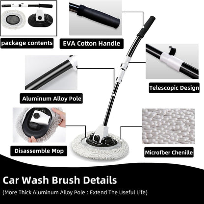 WillingHeart 15° Curved Car Wash Brush with Long Handle 43" Extension Pole RV Truck Microfiber Cleaning Mop Auto SUV Wheel Boat Exterior Interior Detailing 2 in 1 Carwash Duster Not Hurt Paint, Yellow