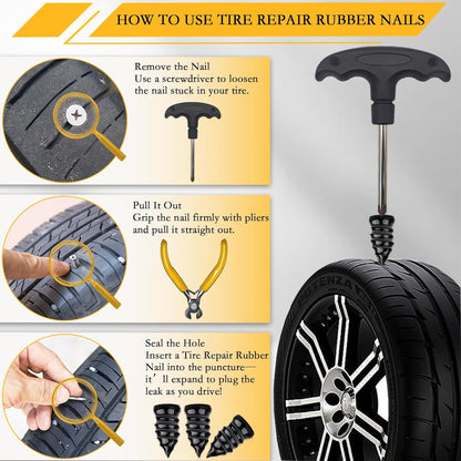 80Pcs Tire Repair Rubber Nails Kit with 4 Sizes, Vacuum Tire Repair Rubber Nail, Screw in Tire Repair Plugs, Tire Rubber Nails Tool, Quick Self-Service Tire Repair Tools for Car, Motorcycle, Truck