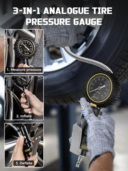 AZUNO Digital Tire Inflator with Pressure Gauge, 200 PSI, Heavy Duty Air Compressor Accessories, with Rubber Hose Lock on Air Chuck and Quick Connect Coupler, Comes with a Portable Carrying Box