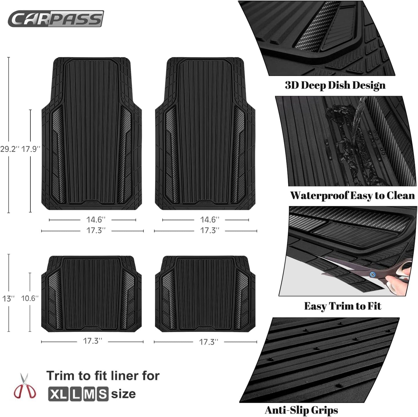 CAR PASS Heavy Duty Rubber Car Mats Metallic, Aluminum Film All Weather Floor Mats Waterproof Universal Trim to Fit Automotive SUV Sedan Van 4 Piece Anodized Deep Dish Two-Tone Sporty Black Red Chrome