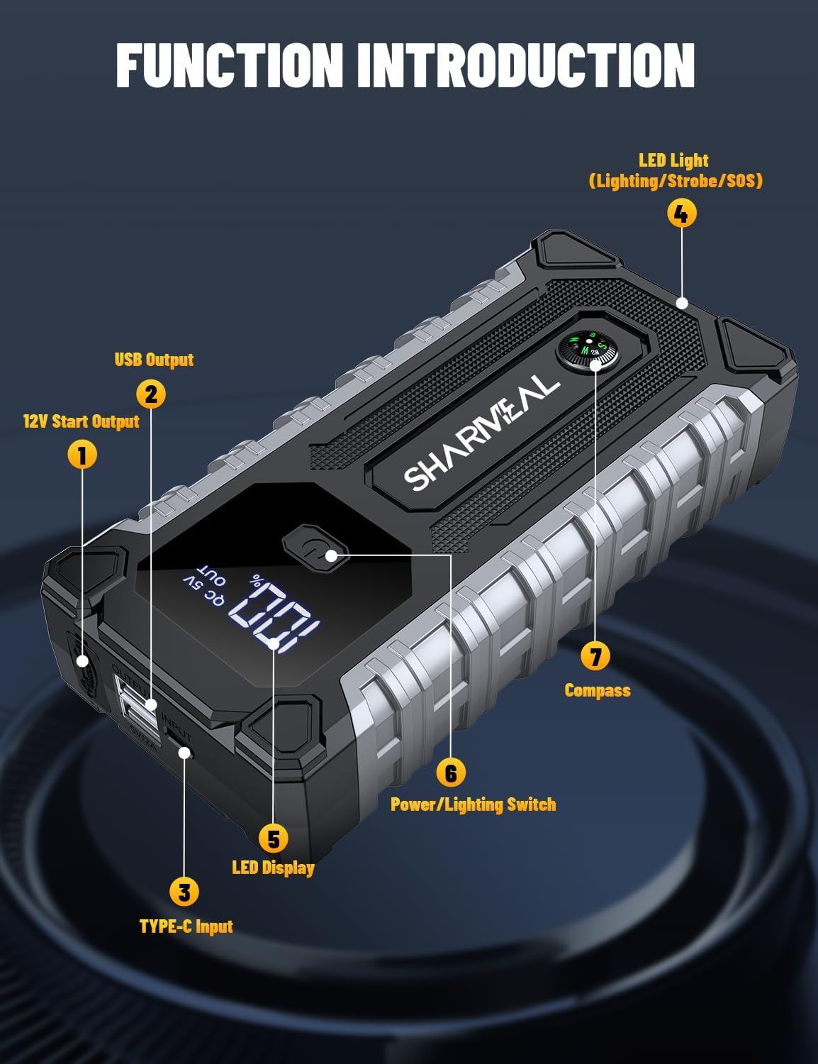 Sharmeal Car Jump Starter 5000A, Jump Starter Battery Pack for 10.0L Gas and 9.0L Diesel, 12V Portable Jump Box with LED Light