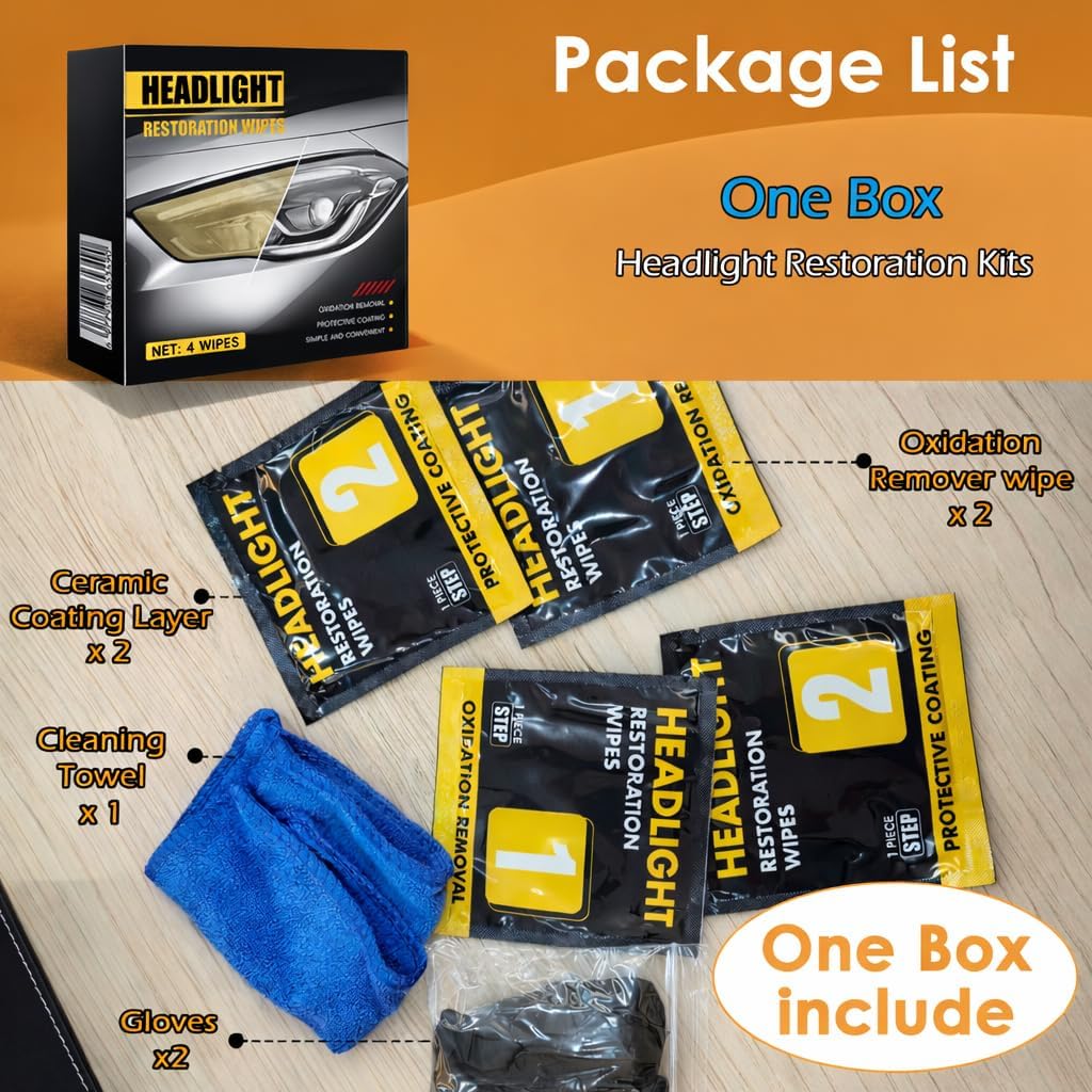 Car Headlight Restoration Kit, 2-Step Headlight Cleaner with Oxidation Removal & Ceramic Coating Wipes, Removes Oxide & Yellowing Restore Clarity, Headlight Polish Restorer Kit