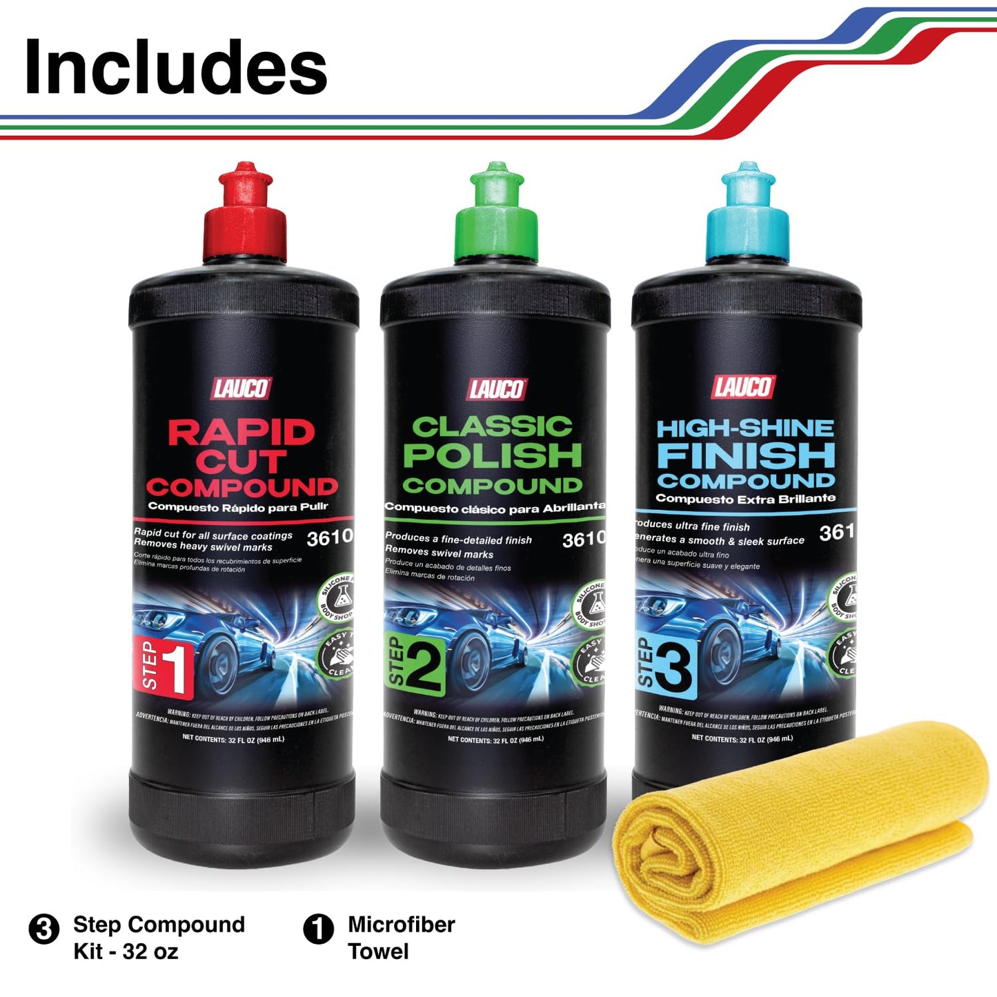 LAUCO Paint Correction Compounds Step 1, 2, 3, Swirl Remover 8oz Kits, with a Towel, Silicone-Free, Clear Coat Safe Scratch Remover, Swirl Correction & High Gloss Finishing
