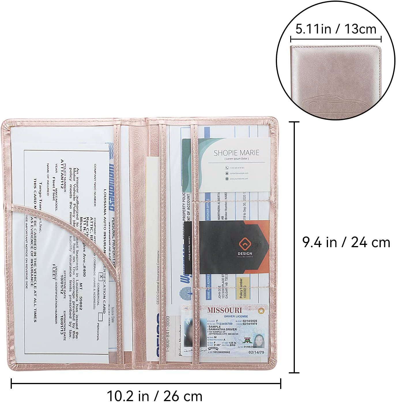 Car Registration and Insurance Holder, Premium Pu Leather Vehicle Glove Box Organizer - for Driver License, Cards & Essential Documents (L-Orange)