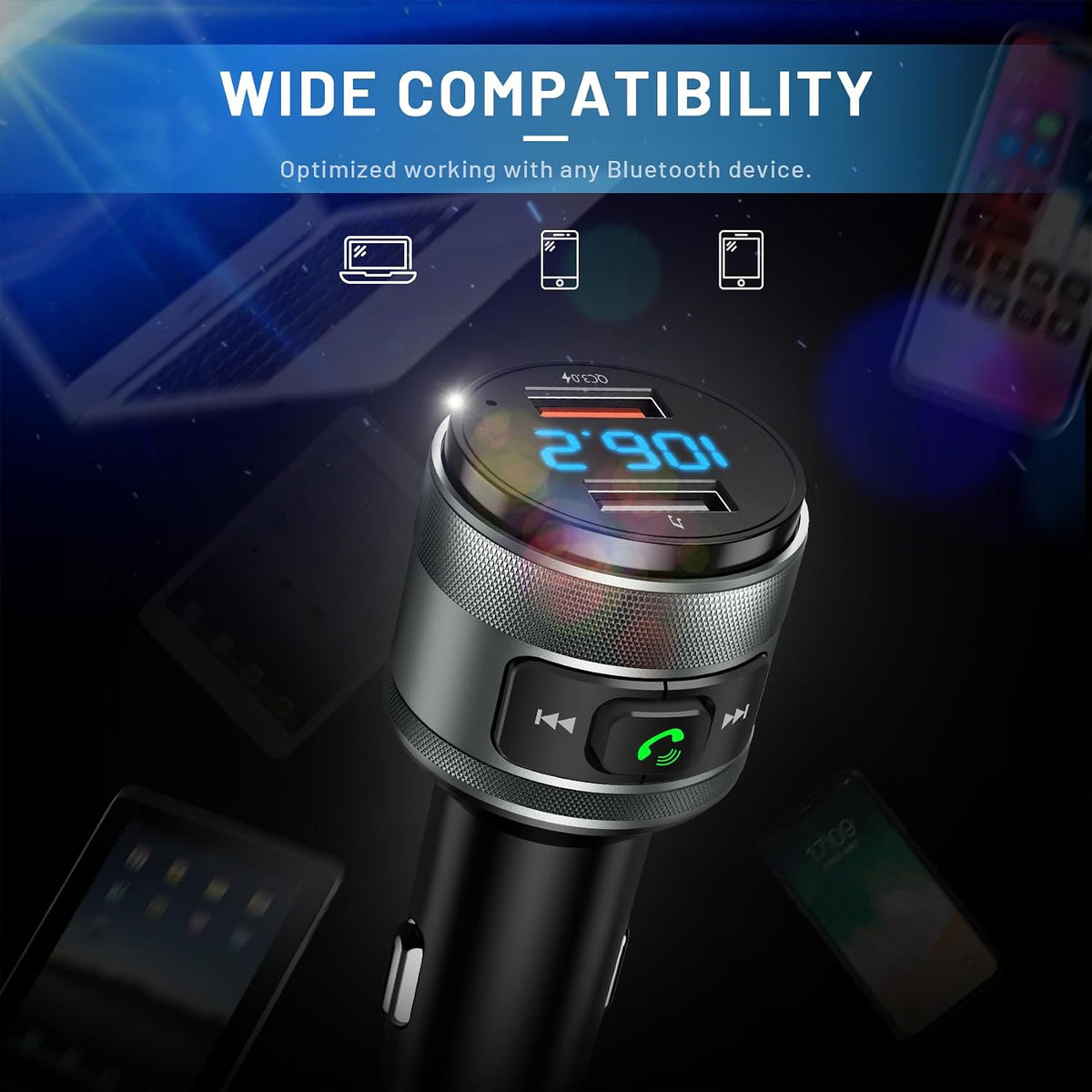 IMDEN Bluetooth 6.0 FM Transmitter for Car, MP3 Music Player Wireless Radio Adapter Kit with QC 3.0 Fast Charger, Hands-Free Calling, Supports USB Drive for 12V/24V Vehicles