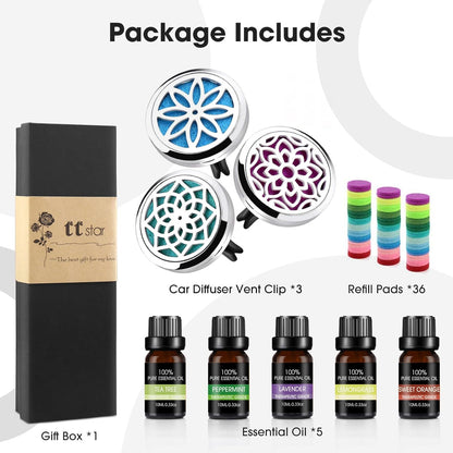 ttstar Car Diffuser Vent Clip - 30mm Aromatherapy Essential Oil Car Diffuser Vent Clips with 36 Refill Pads (3 Lotus Vent Clips, Metal)
