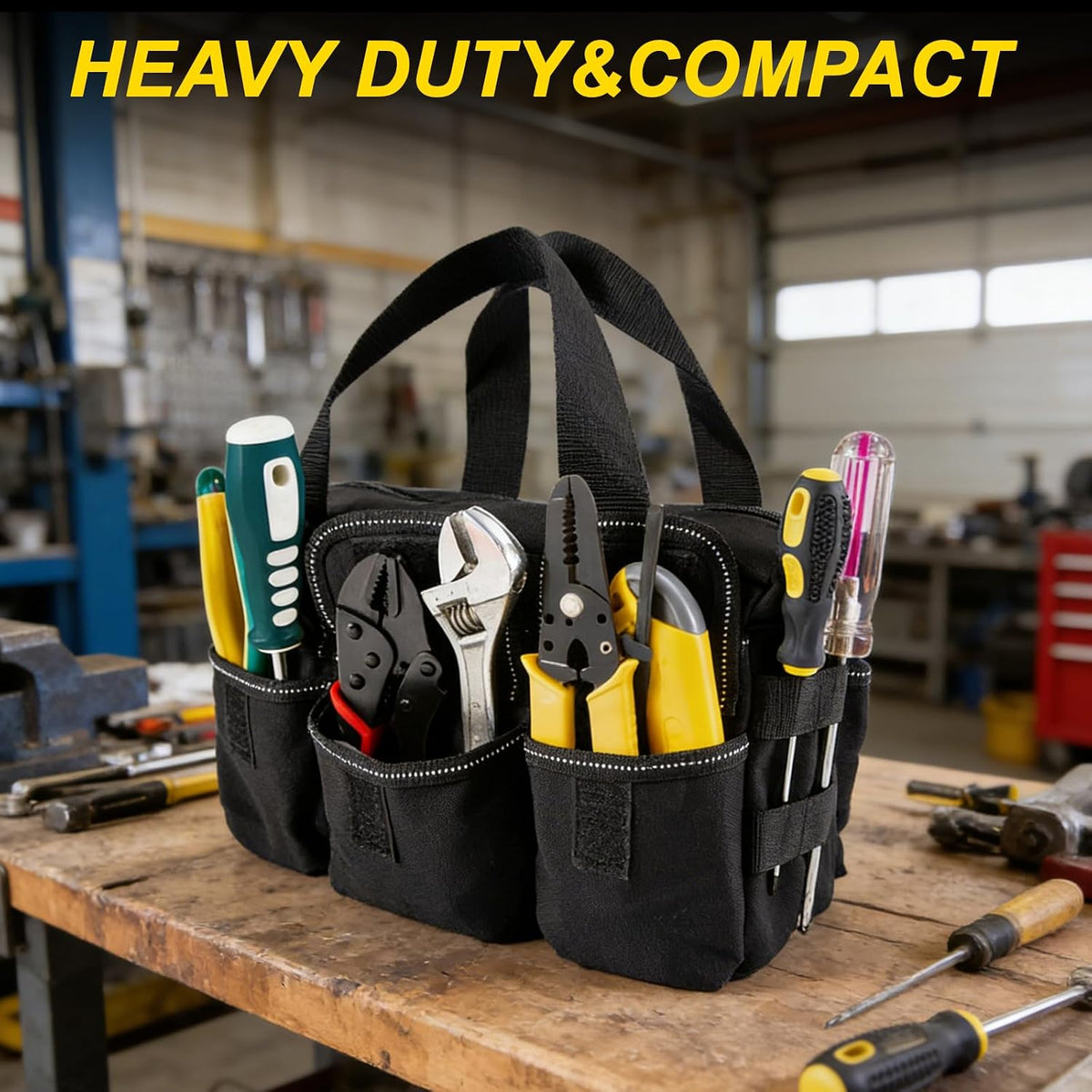 Small Tool Bag,Close Top Wide Mouth Tool Organizer Bag,Large Capacity Tool Bags for Men,Canvas Tool Storage Bag for Storage Handbag for Screwdrivers,Wrench,Pliers Hand Tools (black, 12 Inch)