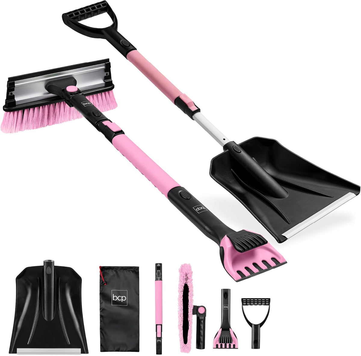 Best Choice Products Snow Brush with Squeegee & Ice Scraper, Up to 39" Extendable Foam Grip, 270° Pivoting Snow Brush for Car Truck SUV, Storage Bag Included - Pink