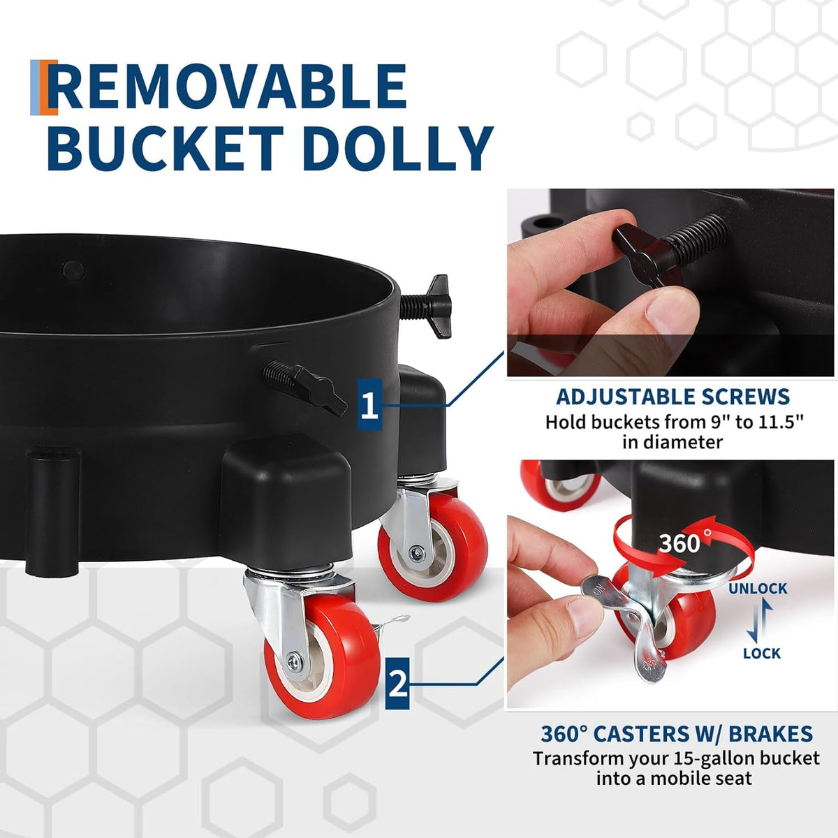 5 Gallon Car Wash Bucket Kit, 300LB Capacity Washing System with 5-Wheel Rolling Dolly, 15.5L Bucket, Grit Trap & Lid, Mobile Detailing Station for Car Wash (Red/Black)