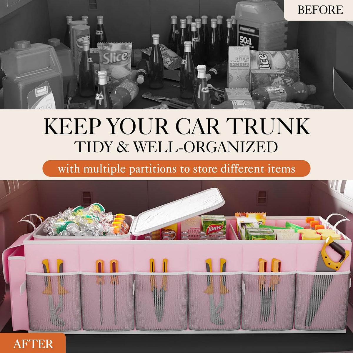 HOTOR Trunk Organizer, Sturdy Foldable with Cooler for Car & SUV, 3 Compartments, Black, 30.90”×12.60”×10.63”