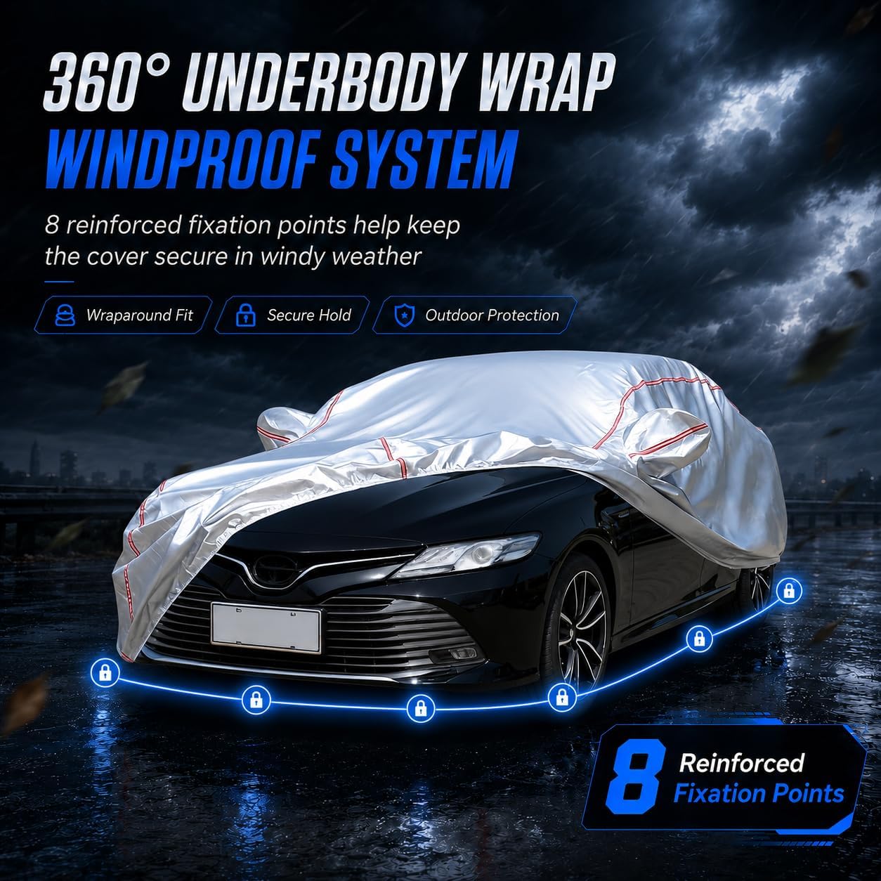 Car Cover for Sedan, Waterproof All Weather Heavy Duty, 360° Underbody Wrap Windproof Design, Quick Install Outdoor Vehicle Cover, Fits 186-193 in