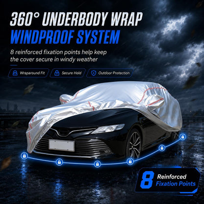 Car Cover for Sedan, Waterproof All Weather Heavy Duty, 360° Underbody Wrap Windproof Design, Quick Install Outdoor Vehicle Cover, Fits 186-193 in