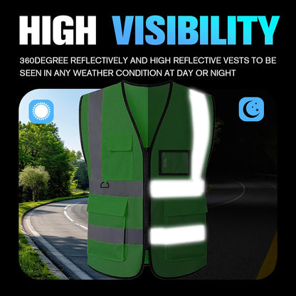 Reflective Mesh Safety Vest, Breathable Hi Vis Vest Construction Work with 5 Pockets and Zipper for Men Women