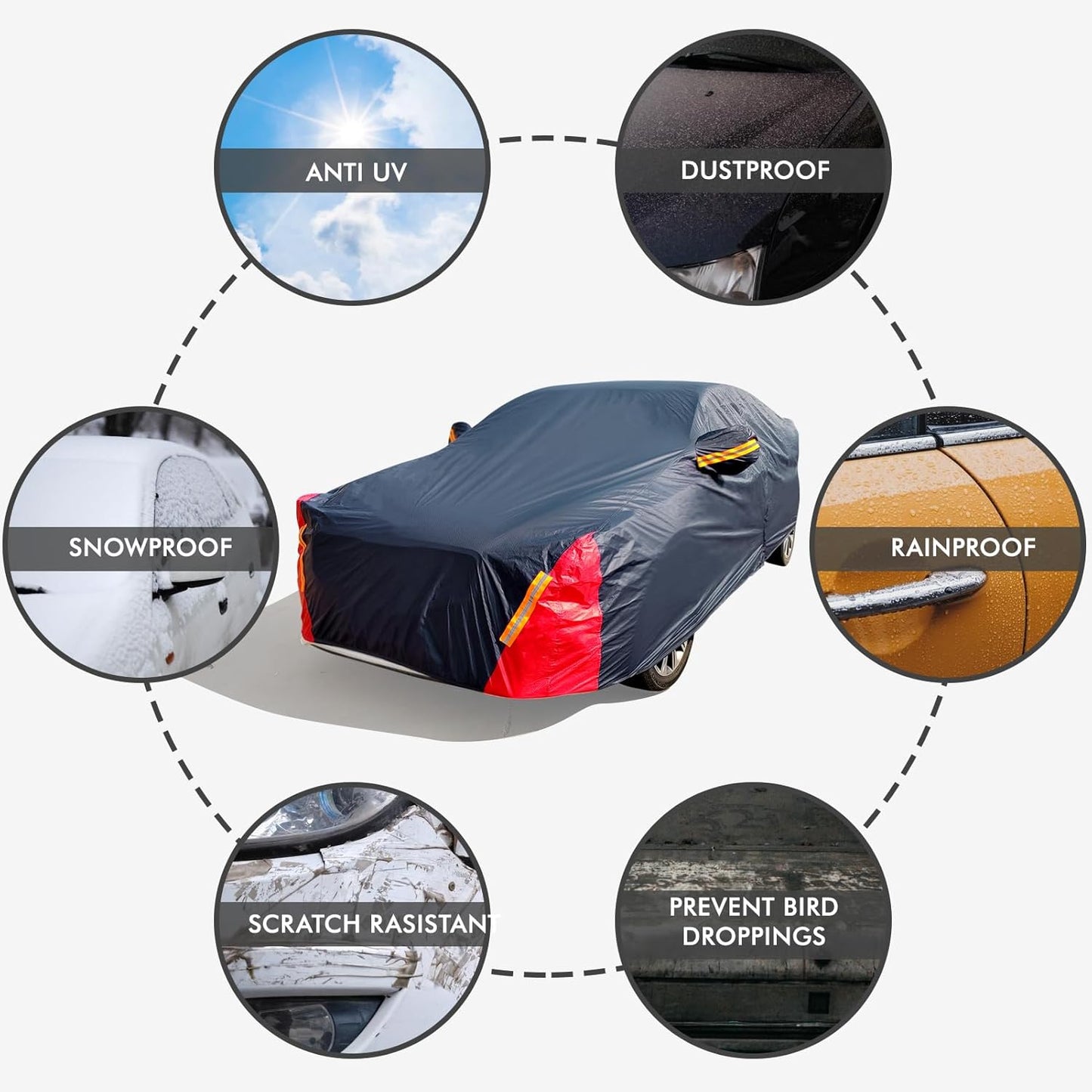 Car Cover Waterproof All Weather for Automobiles, 6 Layers Outdoor Full Exterior Cover Rain Sun UV Snowproof Protection with Zipper Cotton, Mirror Pocket for Sedan (190-195 inch)