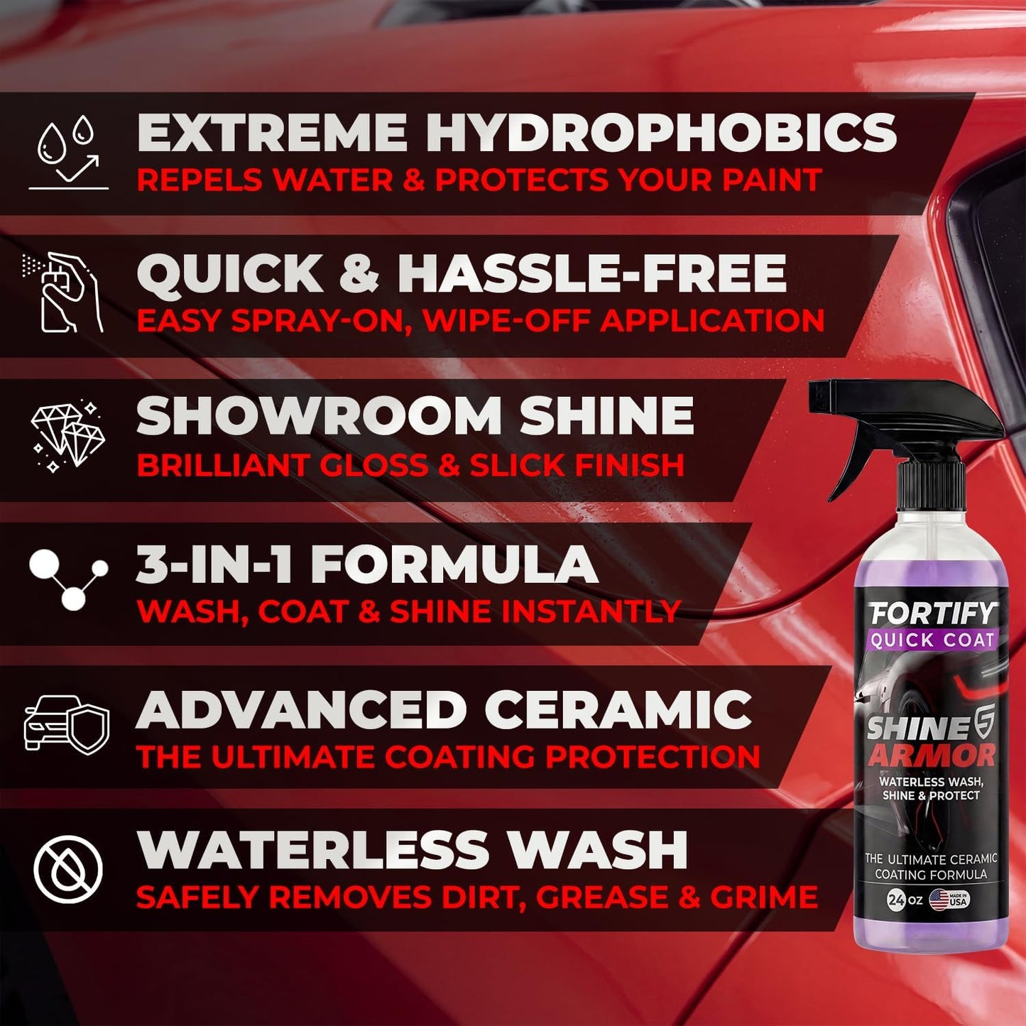 SHINE ARMOR Fortify Quick Coat: 3-in-1 Waterless Car Wash Spray with Ceramic Coating - Car Wax, Paint Protector, and Cleaner for Trucks, Bikes and SUVs, Made in USA, 16floz