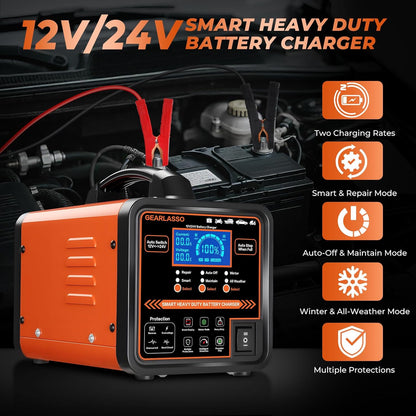 12V 24V Car Battery Charger Heavy Duty, 0-15A Automatic Battery Maintainer with Auto Shutoffs, Repair and Winter Mode, Smart Trickle Charger for Car Truck Motorcycle RV AGM Deep Cycle